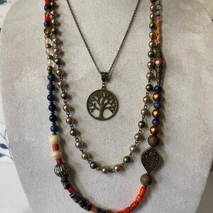 Blue and Red Layered Necklace Set with Tree Pendant